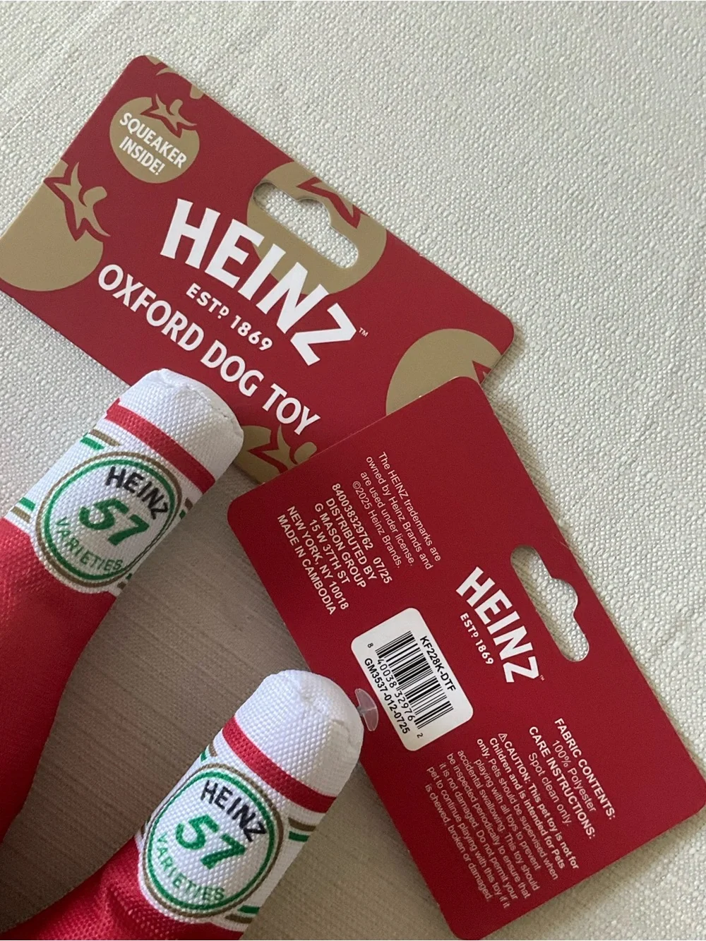 NWT HEINZ 2pc Set Red Tomato Ketchup Bottle Plush Oxford Crinkle Sound Dog Toy